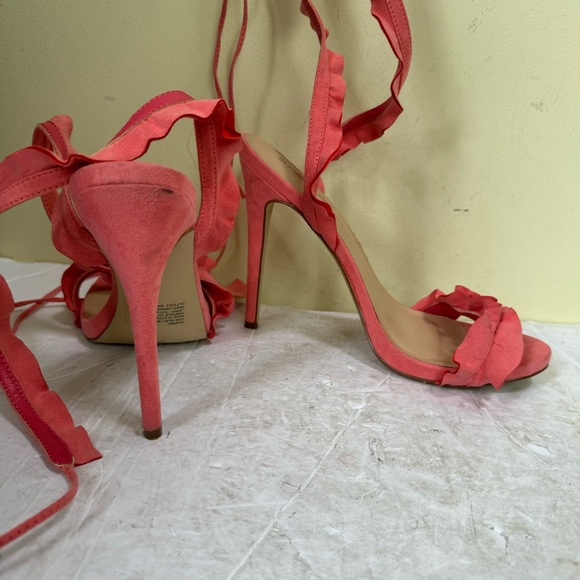 ShoeDazzle Shirah Ruffle Lace Up Heels Coral Pink Sandals Strap Adjustable Shoes - Picture 9 of 16
